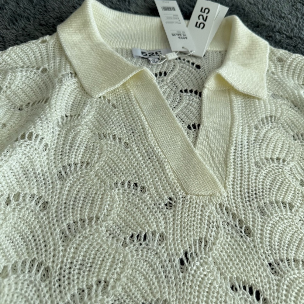 525 America Women's See-Through Collared Sweater, Loose Knit Sweater, Cream, M - Picture 6 of 8